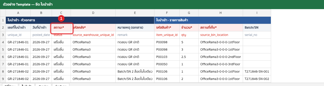 ตัวอย่างการกรอกชีต ใบนำเข้า