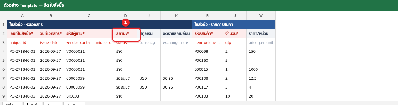 ตัวอย่างการกรอกชีต ใบสั่งซื้อ