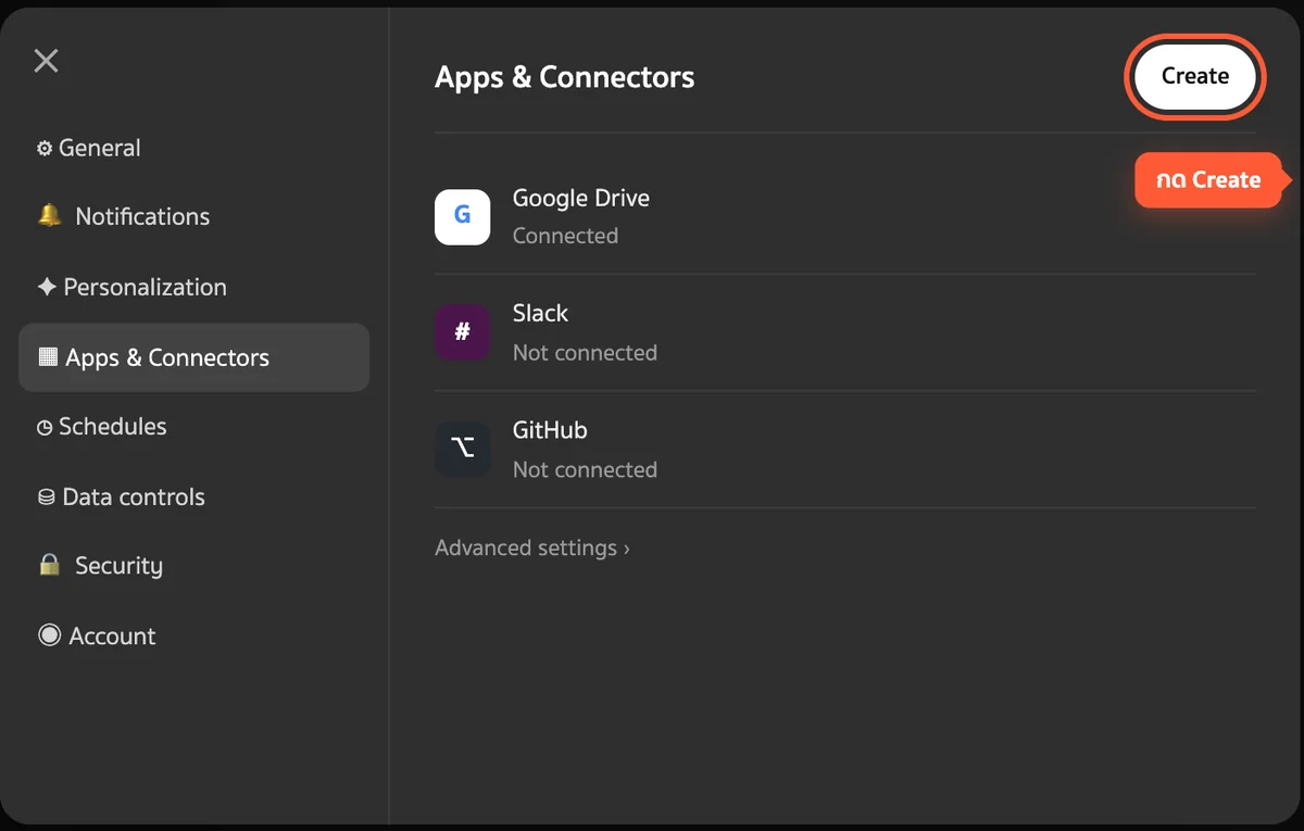 ปุ่ม Create ในหน้า Apps & Connectors ของ ChatGPT