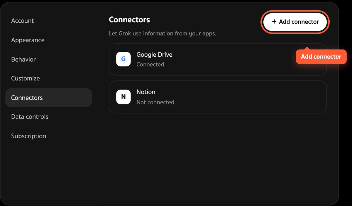 หน้า Connectors ใน Grok ปุ่ม Add connector