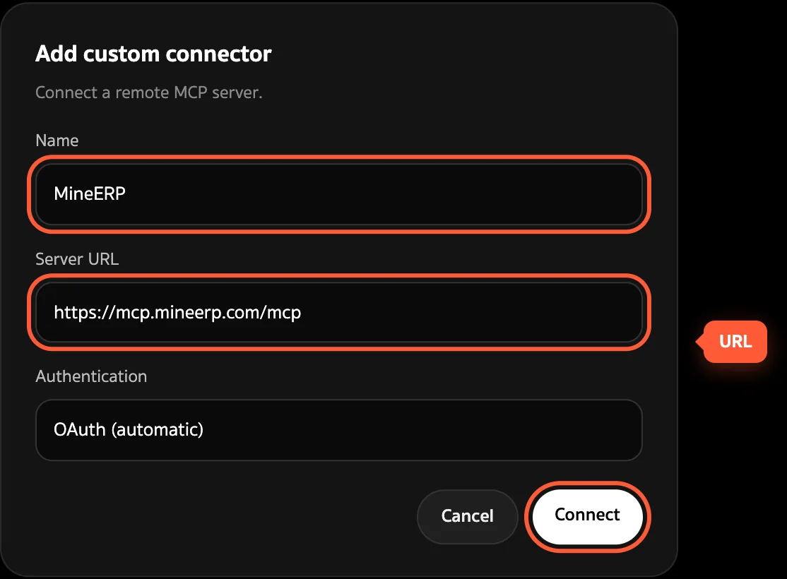 หน้าต่าง Add custom connector ใน Grok กรอกชื่อ MineERP และ Server URL แล้วคลิก Connect